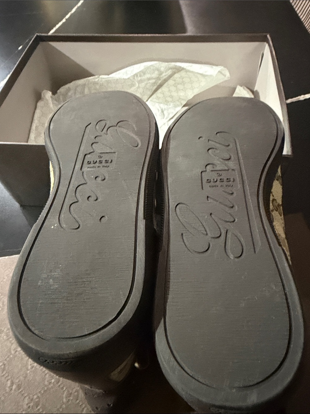 Gucci Brown and Black Monogram Slip-On Shoes